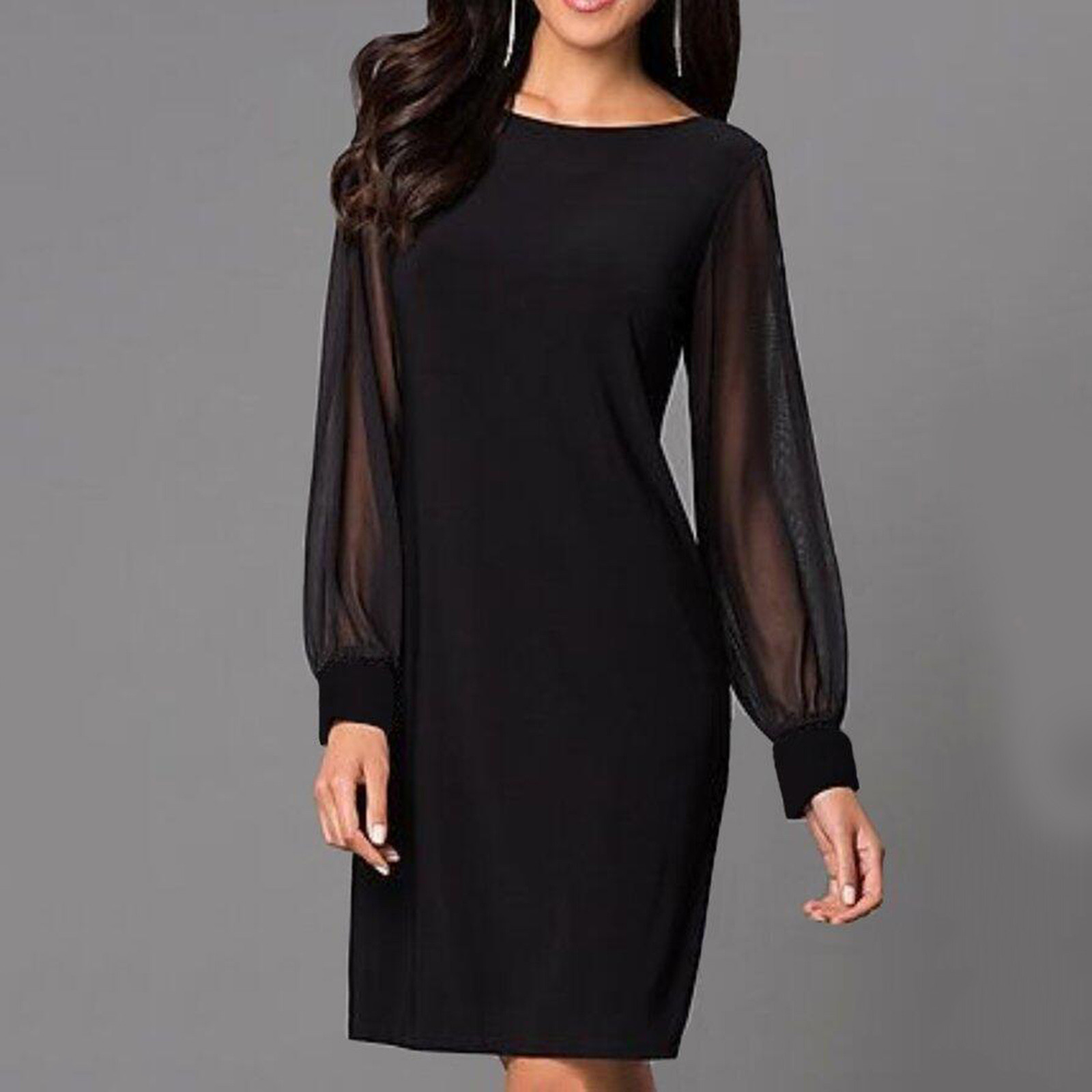 thumbnail image 2 of Minivestido de malla brillante para mujer: manga larga, cuello en V, corte ajustado, poliéster ajustado para todas las ocasiones, tallas US/UK/EU S-XXL., 2 of 7